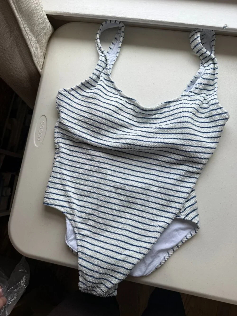 🏷 *NWT* J.Crew Scrunchie One Piece Swimsuit White Blue Stripe Size 14 🌊